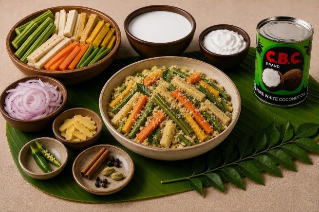 Avial curry with vegetables, coconut and C.B.C. Pure White Coconut Oil on a banana leaf