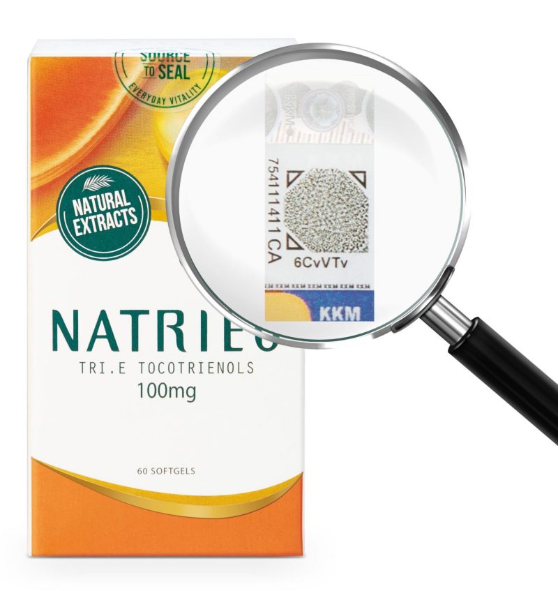 Official KKM FarmaTag hologram on NATRIÉO Tri.E Tocotrienols box