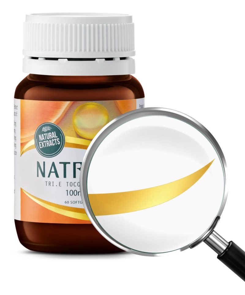 Gold-stamped label on genuine NATRIÉO Tri.E Tocotrienols bottle
