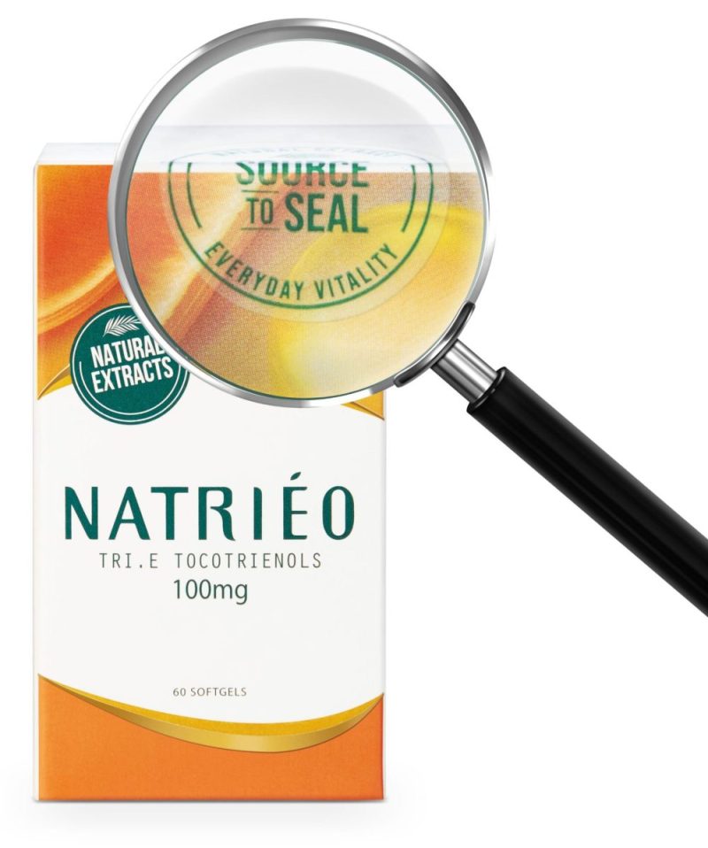 Magnified Source to Seal sticker on top of genuine NATRIÉO Tri.E packaging